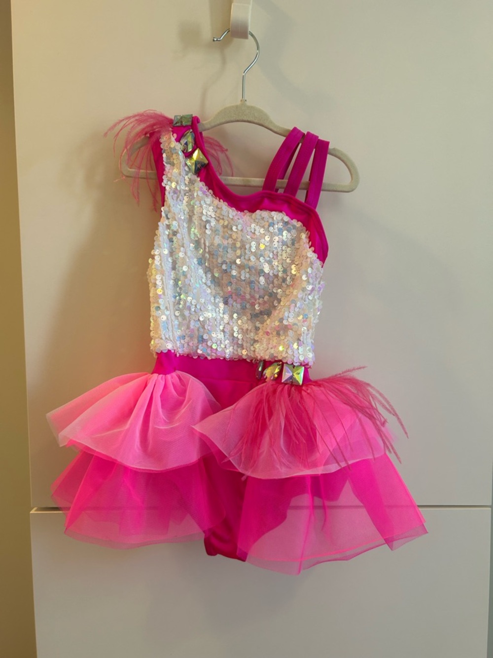 Weissman Hot Pink / White Sequin One-Shoulder Tutu Dance Costume - SC (6/6X)